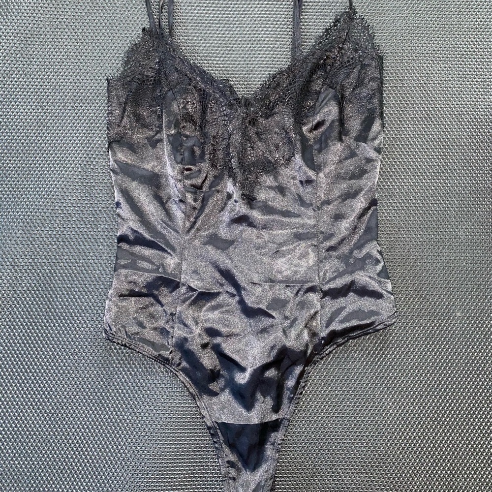 Black Eyelash Lace Trim Thong Bodysuit